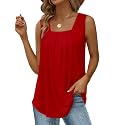 Saloogoe Summer Tank Tops for Women Loose Fit Pleated Square Neck Sleeveless Tops Curved Hem Flowy