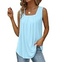 Saloogoe Summer Tank Tops for Women Loose Fit Pleated Square Neck Sleeveless Tops Curved Hem Flowy