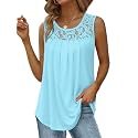 Saloogoe Summer Tank Tops for Women Loose Fit Pleated Tunics Scoop Neck Sleeveless Lace Tops Curved Hem Flowy