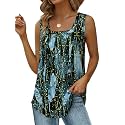 Saloogoe Summer Tank Tops for Women Loose Fit Pleated Square Neck Sleeveless Tops Curved Hem Flowy