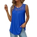 Saloogoe Summer Tank Tops for Women Loose Fit Pleated Tunics Scoop Neck Sleeveless Lace Tops Curved Hem Flowy