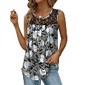 Saloogoe Summer Tank Tops for Women Loose Fit Pleated Tunics Scoop Neck Sleeveless Lace Tops Curved Hem Flowy