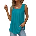 Saloogoe Summer Tank Tops for Women Loose Fit Pleated Square Neck Sleeveless Tops Curved Hem Flowy