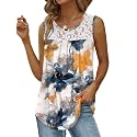 Saloogoe Summer Tank Tops for Women Loose Fit Pleated Tunics Scoop Neck Sleeveless Lace Tops Curved Hem Flowy