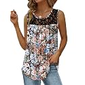 Saloogoe Summer Tank Tops for Women Loose Fit Pleated Tunics Scoop Neck Sleeveless Lace Tops Curved Hem Flowy