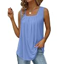 Saloogoe Summer Tank Tops for Women Loose Fit Pleated Square Neck Sleeveless Tops Curved Hem Flowy