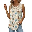 Saloogoe Summer Tank Tops for Women Loose Fit Pleated Tunics Scoop Neck Sleeveless Lace Tops Curved Hem Flowy