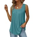 Saloogoe Summer Tank Tops for Women Loose Fit Pleated Square Neck Sleeveless Tops Curved Hem Flowy
