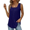 Saloogoe Summer Tank Tops for Women Loose Fit Pleated Square Neck Sleeveless Tops Curved Hem Flowy