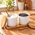 Salt Cellar with Wooden Tray Ceramic Salt and Pepper Cellar, White, Bamboo