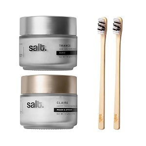 salt oral care claire day amp trance night tooth powder combo with 2 eden bamboo toothbrushes  anti-bacterial plaque control  papain bromelain activated charcoal  biodegradable amp eco-friendly  complete am to pm protection