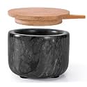 Salt and Pepper Bowl, Marble Salt Cellar and Spices Storage Container With Built-in Spoon and Acacia Wood Lid - 6.5oz Capacity (Black)