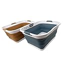SAMMART Set of 2 Collapsible Plastic Storage Basket - Foldable Pop Up Storage Container - Portable Laundry Organizer - Space Saving Hamper (Steel Blue+Honey Brown, 42L (Style A))