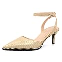 SAMMITOP Kitten Heels for Women Low Heel Closed Toe Ankle Strap Pumps Wedding Party Beaded Dress Shoes 2.4 Inch