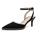 SAMMITOP Kitten Heels for Women Low Heel Closed Toe Ankle Strap Pumps Wedding Party Beaded Dress Shoes 2.4 Inch