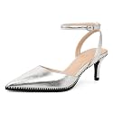 SAMMITOP Kitten Heels for Women Low Heel Closed Toe Ankle Strap Pumps Wedding Party Beaded Dress Shoes 2.4 Inch