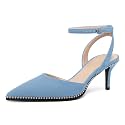 SAMMITOP Kitten Heels for Women Low Heel Closed Toe Ankle Strap Pumps Wedding Party Beaded Dress Shoes 2.4 Inch