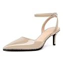 SAMMITOP Kitten Heels for Women Low Heel Closed Toe Ankle Strap Pumps Wedding Party Beaded Dress Shoes 2.4 Inch