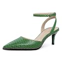 SAMMITOP Kitten Heels for Women Low Heel Closed Toe Ankle Strap Pumps Wedding Party Beaded Dress Shoes 2.4 Inch