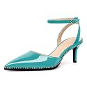 SAMMITOP Kitten Heels for Women Low Heel Closed Toe Ankle Strap Pumps Wedding Party Beaded Dress Shoes 2.4 Inch