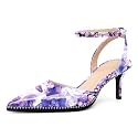 SAMMITOP Kitten Heels for Women Low Heel Closed Toe Ankle Strap Pumps Wedding Party Beaded Dress Shoes 2.4 Inch