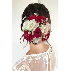 samyak beautiful bridal big sized hair bun handmade juda bun for wedding party artificial flowers based jumbo sized hair piece accessory set juda decoration white and dark pink