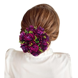 samyak beautiful bridal big sized hair bun handmade juda bun for wedding party artificial flowers based jumbo sized hair piece accessory set juda decoration purple