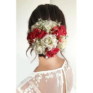samyak beautiful bridal big sized hair bun handmade juda bun for wedding party artificial flowers based jumbo sized hair piece accessory set juda decoration white and pink