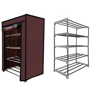 collapsible wardrobe 4 tiers metal pipe with non-woven 100gsm fabric cover shoeclothtoybooks rack-brown