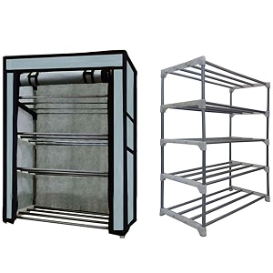 collapsible wardrobe 4 tiers metal pipe with non-woven 100gsm fabric cover shoeclothtoybooks rack-grey 30x75x55 cm