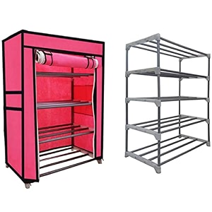 open 4 tier metal pipe with non-woven 100gsm fabric cover shoeclothtoybooks rack-pink