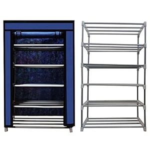 collapsible wardrobe 5 tiers metal pipe with non-woven 100gsm fabric cover shoeclothtoybooks rack-dark blue