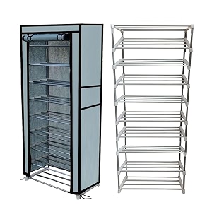 open 9 tier shoe rack metal pipe with non-woven 100gsm fabric cover shoe rack for home office clothtoybooks rack-grey