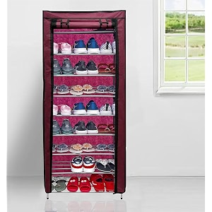 collapsible wardrobe 9 tiers metal pipe with non-woven 100gsm fabric cover shoeclothtoybooks rack-maroon
