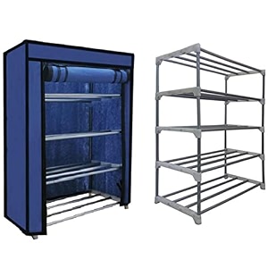 open 4 tier metal pipe with non-woven 100gsm fabric cover shoeclothtoybooks rack-dark blue 30 x 55 x75 cm