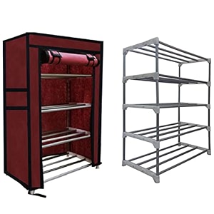 multi utility 4 layer metal pipe with non-woven 100gsm fabric cover shoeclothtoybooks rack-maroon 30 x 55 x75 cm