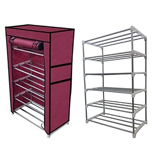 multi utility 5 layer metal pipe with non-woven 100gsm fabric cover shoeclothtoybooks rack-maroon 30x55x93 cm