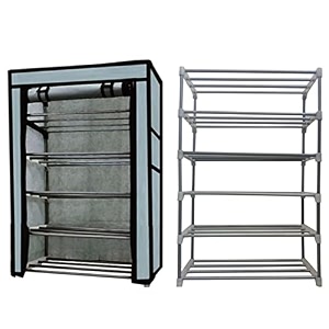 open 5 tier metal pipe with non-woven 100gsm fabric cover shoeclothtoybooks rack-grey