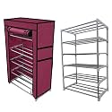 Multi Utility 5 Layer Metal Pipe With Non-Woven 100Gsm Fabric Cover Shoe/Cloth/Toy/Books Rack-Maroon, 30X55X93 Cm