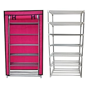 multi utility 6 layer metal pipe with non-woven 100gsm fabric cover shoeclothtoybooks rack-pink cm