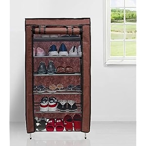 open 6 tier metal pipe with non-woven 100gsm fabric cover shoeclothtoybooks rack-brown 30 x 55 x 110 cm