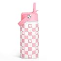 SANDJEST Checker Print Kids Water Bottle With Straw Lid 12oz Insulated Stainless Steel, Travel Tumbler, Pink Bow Gifts For Girls, Birthday, Christmas, Back To School