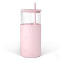 SANDJEST Glass Tumbler with Straw and Lid, Bow Glass Water Bottle with Silicone Sleeve 20oz, Smoothie, Iced Coffee Cup, Gifts for Women Teen Girls Birthday Christmas