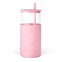SANDJEST Glass Tumbler with Straw and Lid, Glass Water Bottle with Silicone Sleeve 20oz with Bow, Smoothie, Iced Coffee Cup, Bow Gifts for Women Teen Girls Birthday Christmas