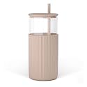 SANDJEST Glass Tumbler with Straw and Lid, Glass Water Bottle with Silicone Sleeve 20oz, Smoothie, Iced Coffee Cup, Gifts for Women Teen Girls Birthday Christmas (Light Brown)