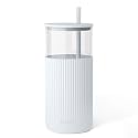 SANDJEST Glass Water Bottle with Silicone Sleeve 20oz, Glass Tumbler with Straw and Lid, Smoothie and Iced Coffee Cup, Gifts for Women Teen Girls Birthday Christmas (Icy Blue)