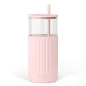 SANDJEST Glass Water Bottle with Silicone Sleeve 20oz, Glass Tumbler with Straw and Lid, Smoothie and Iced Coffee Cup, Gifts for Women Teen Girls Birthday Christmas (Dusty Pink)