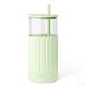 SANDJEST Glass Water Bottle with Silicone Sleeve 20oz, Glass Tumbler with Straw and Lid, Smoothie and Iced Coffee Cup, Gifts for Women Teen Girls Birthday Christmas (Soft Mint)