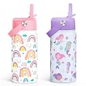 SANDJEST Kid Water Bottle 12oz with Straw Lid - 2-Pack Insulated Stainless Steel Water Bottles for Kids Girls - Travel Cup for School Sports, Rainbow &amp; Mermaid