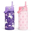 SANDJEST Kid Water Bottle 12oz with Straw Lid - 2-Pack Insulated Stainless Steel Water Bottles for Kids Girls - Travel Cup for Back to School Sports Christmas Birthday (Bow &amp; Unicorn)